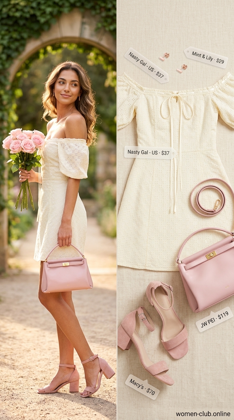 Cream Quiet Luxury Summer Outfits 2026: Garden Party Cream quiet luxury summer outfits 2026: Broderie anglaise mini dress, blush pink bag, and block heels for a garden party.