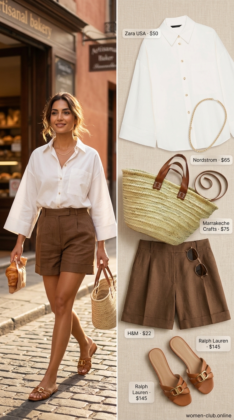 Cream Quiet Luxury Summer Outfits 2026: Casual Errands Cream quiet luxury summer outfits 2026: Oversized cream shirt, khaki shorts, gold necklace, straw bag, tan sandals for casual errands.