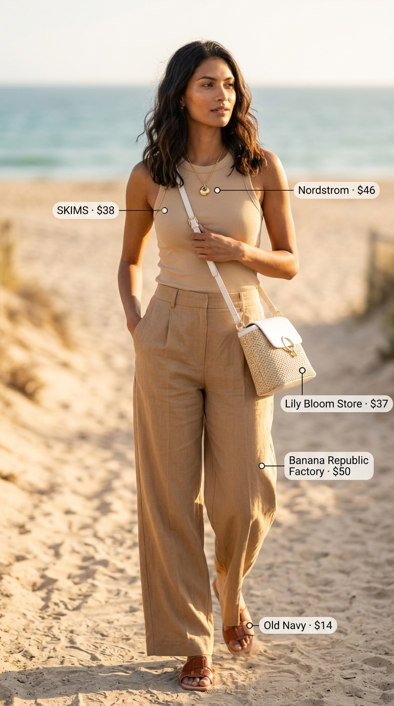 Seaside Relaxation: Laid Back Casual Summer Outfits for Women 2026 Laid back casual summer outfits for women 2026: Sand linen pants, cream tank, and straw crossbody for a relaxed beach vibe.