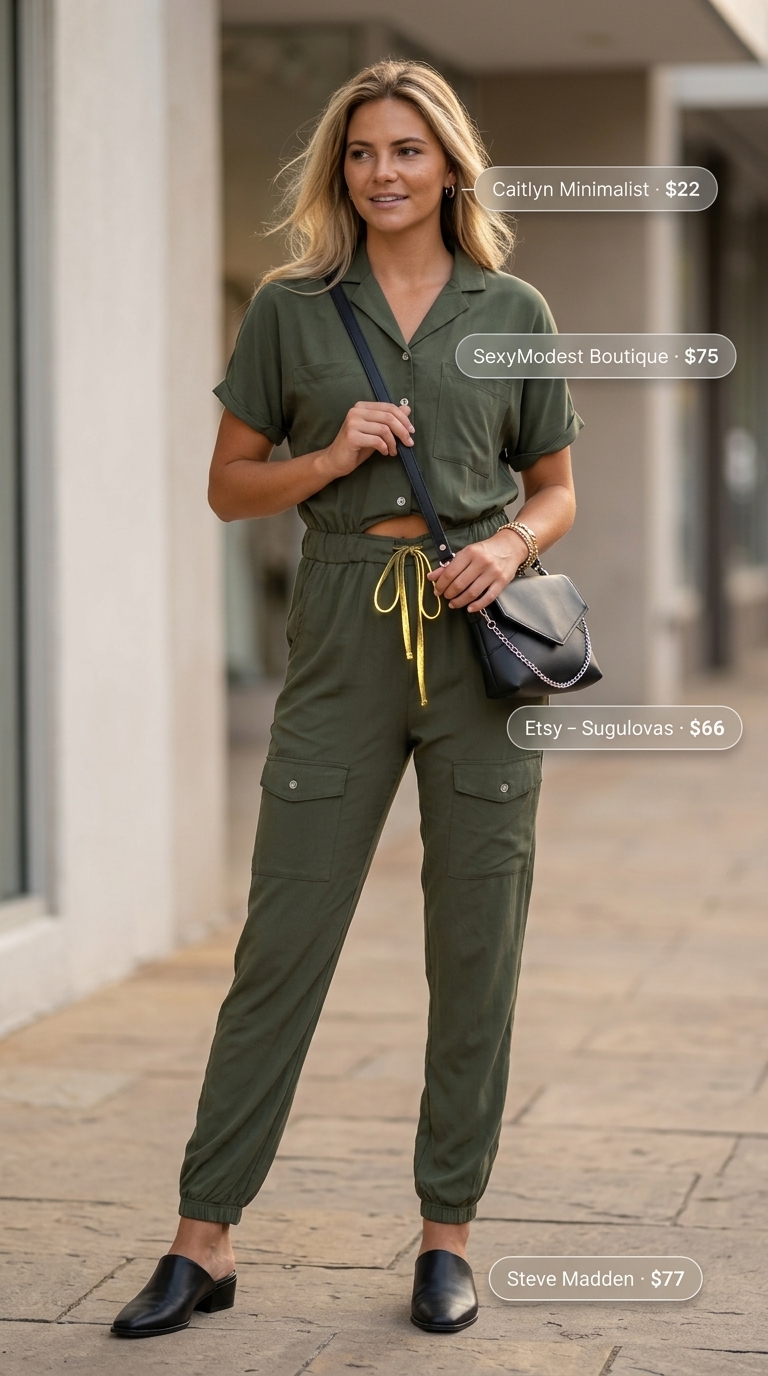 Effortless Utility: Laid Back Casual Summer Outfits for Women 2026 Laid back casual summer outfits for women 2026: Olive utility jumpsuit, black mules, and silver earrings for an effortless look.