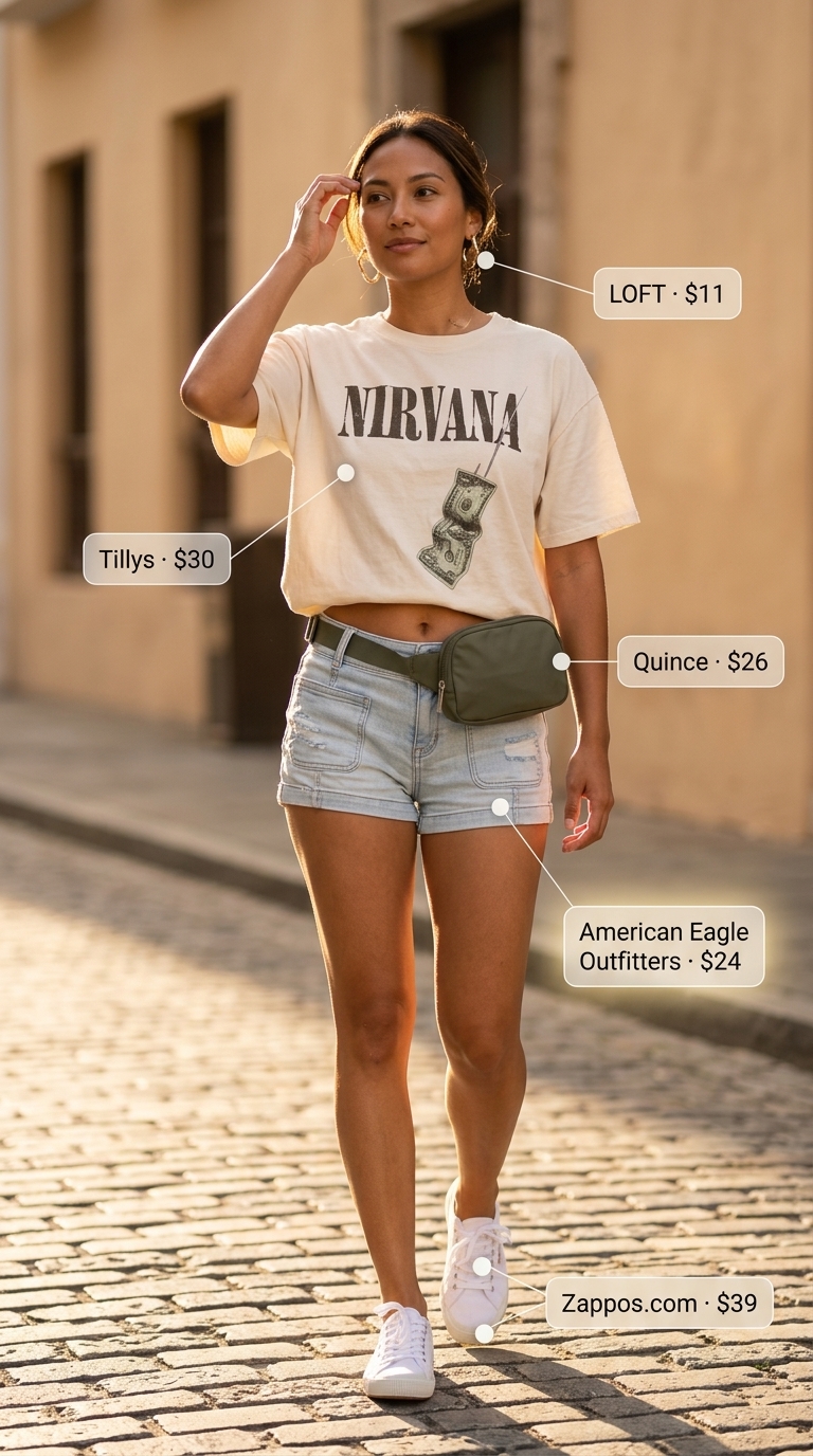 City Explorer Style: Laid Back Casual Summer Outfits for Women 2026 Laid back casual summer outfits for women 2026: Distressed denim shorts, graphic tee, and khaki belt bag for city exploring.