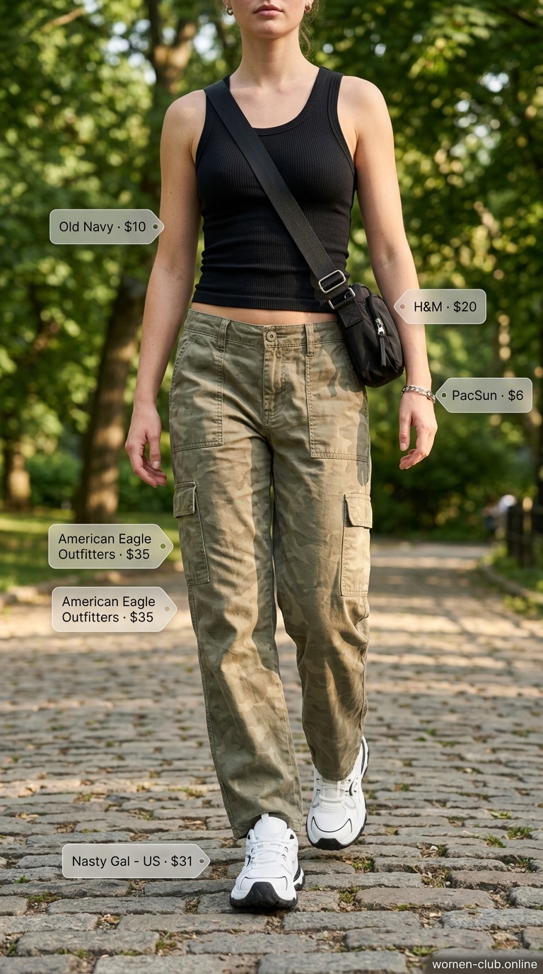 Urban Adventure Ready: Laid Back Casual Summer Outfits for Women 2026 Laid back casual summer outfits for women 2026: Khaki cargo pants, black tank, and chunky sneakers for urban adventures.