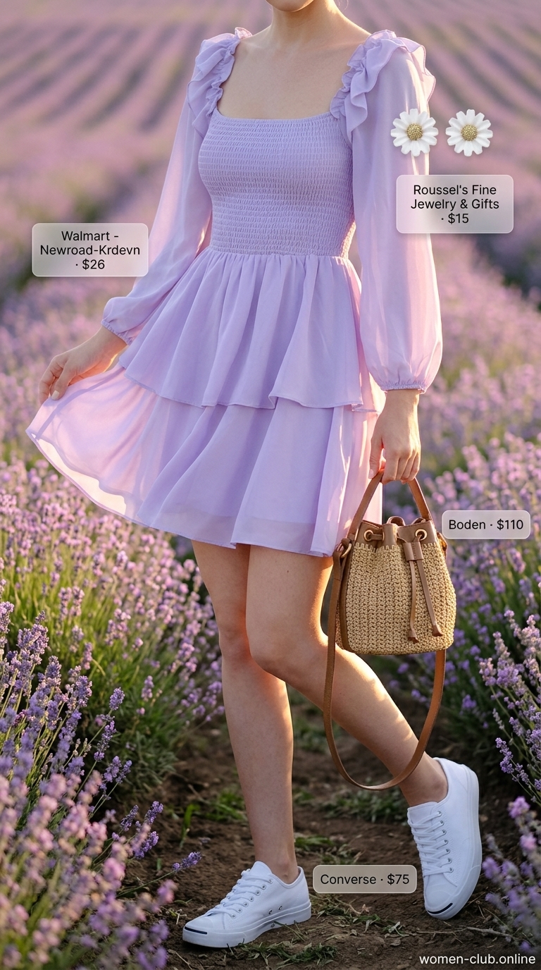 Sweet & Whimsical: Laid Back Casual Summer Outfits for Women 2026 Laid back casual summer outfits for women 2026: Lavender smocked mini dress, white sneakers, and straw bucket bag.