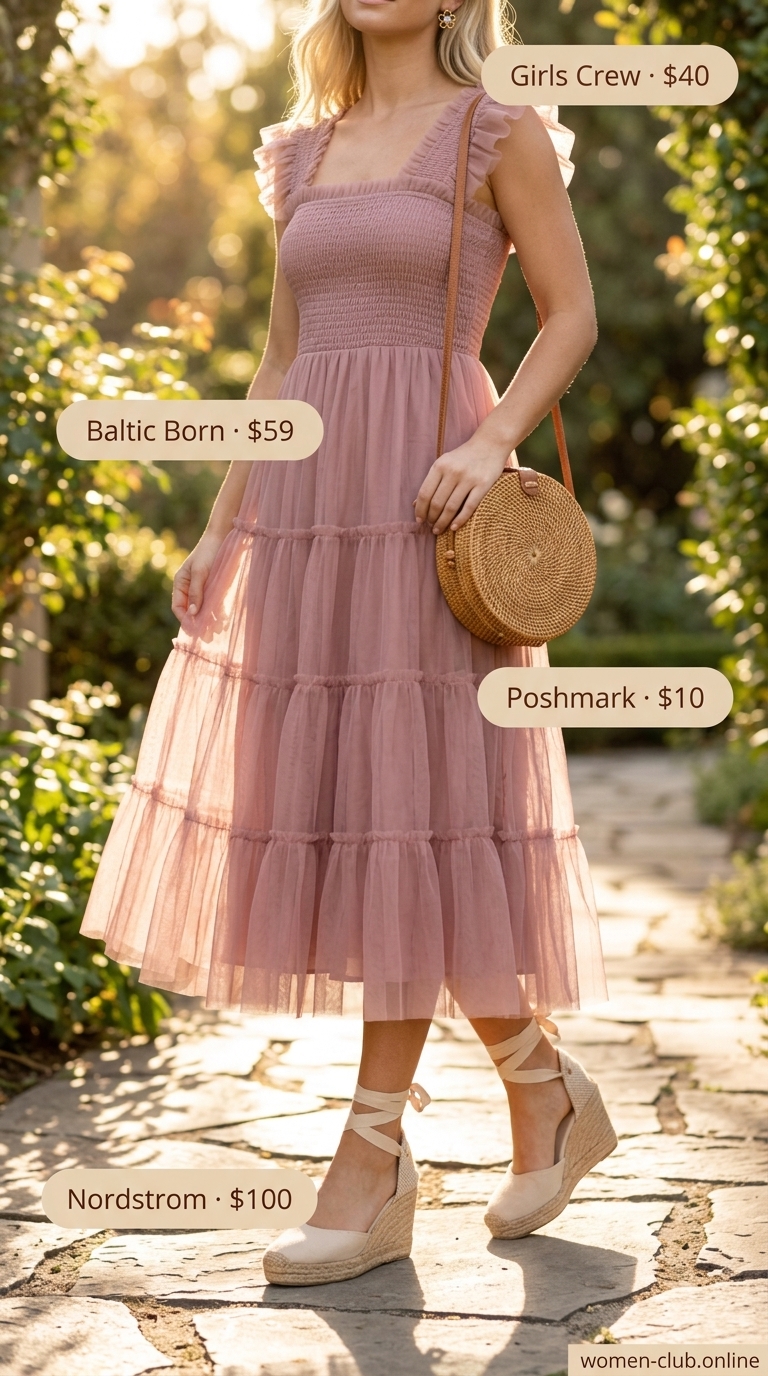 Picnic Perfect Laid Back Casual Summer Outfits for Women 2026 Laid back casual summer outfits for women 2026: Pastel pink tiered midi dress, woven straw bag, and espadrille wedges for a picnic.