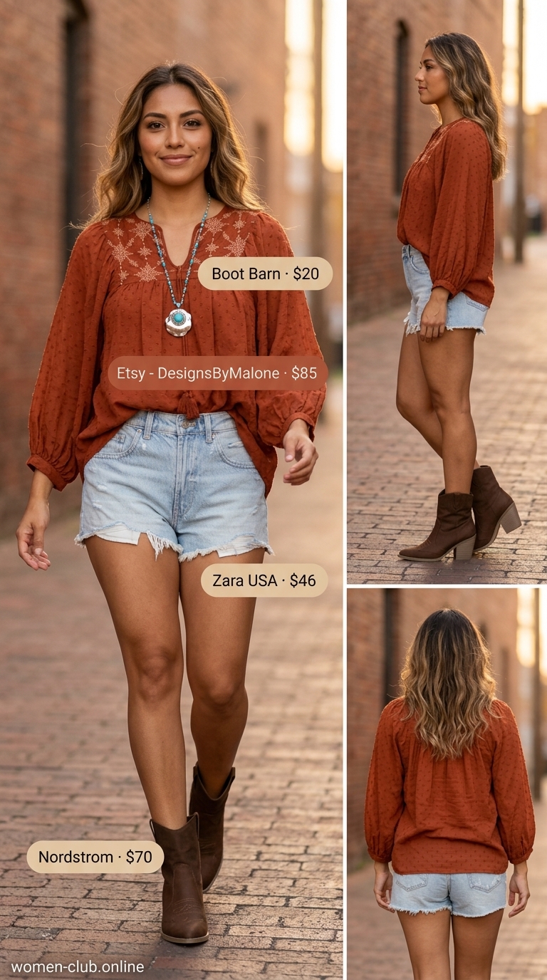 Festival Ready Laid Back Casual Summer Outfits for Women 2026 Laid back casual summer outfits for women 2026: Denim shorts, rust peasant blouse, cowboy boots for a festival look.
