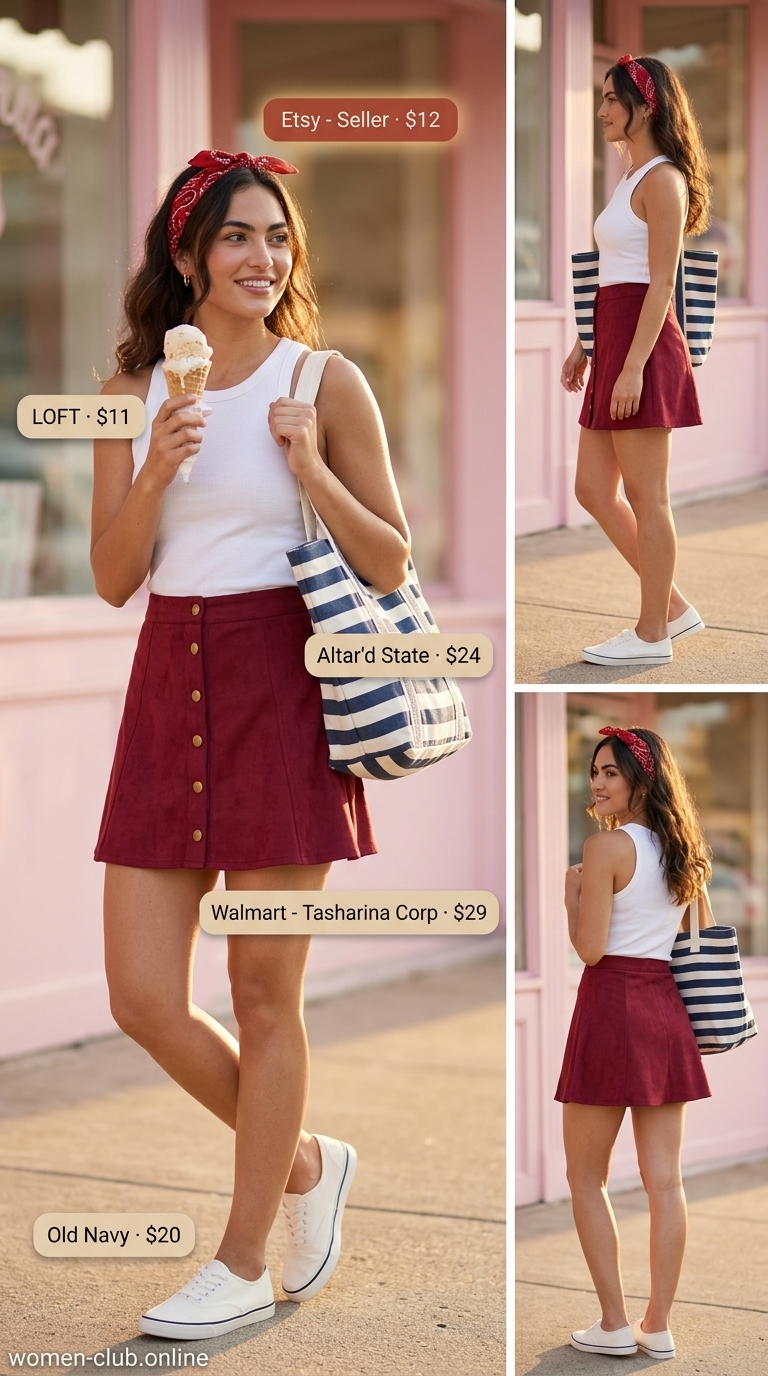 Retro Poolside Laid Back Casual Summer Outfits for Women 2026 Laid back casual summer outfits for women 2026: Cherry red A-line mini skirt, white knit top, and canvas sneakers for a retro vibe.