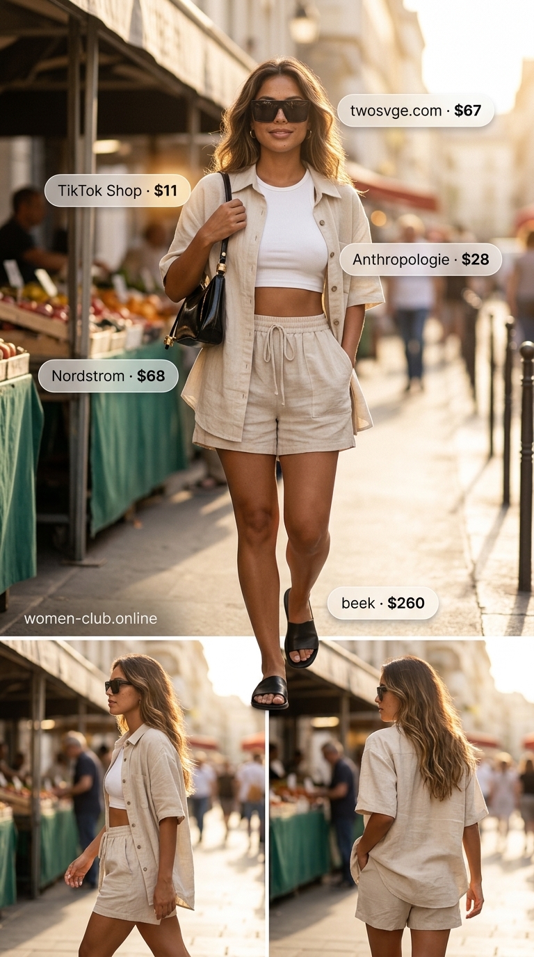 Weekend Market Ready: Laid Back Casual Summer Outfits for Women 2026 Laid back casual summer outfits for women 2026: Oatmeal linen set with cream tank, black sandals and shoulder bag.