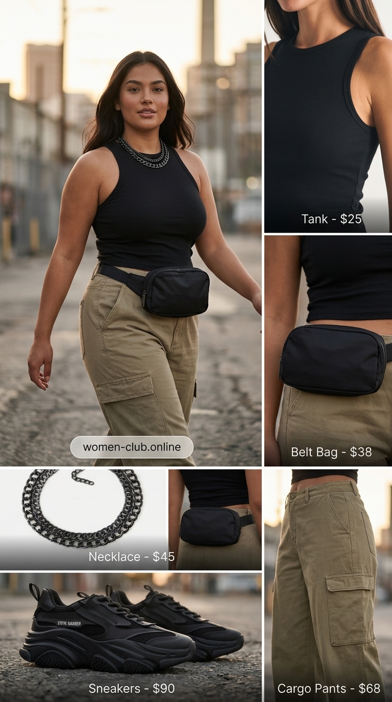 Street Style Laid Back Casual Summer Outfits for Women 2026 Laid back casual summer outfits for women 2026: Khaki cargo pants, black crop top, platform sneakers for urban exploration.