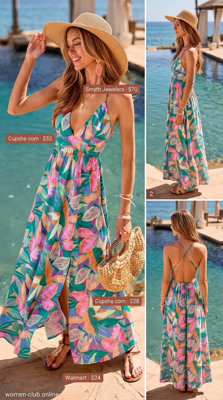 Tropical Escape Laid Back Casual Summer Outfits for Women 2026 Laid back casual summer outfits for women 2026: Tropical print maxi dress, raffia slides, and straw tote for resort wear.