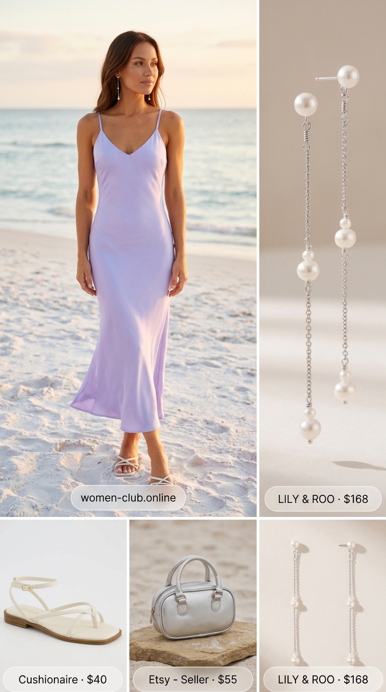 Sunset Beach Dinner Laid Back Casual Summer Outfits for Women 2026 Laid back casual summer outfits for women 2026: Lavender satin slip dress, silver bag, and flat sandals for a beach dinner.