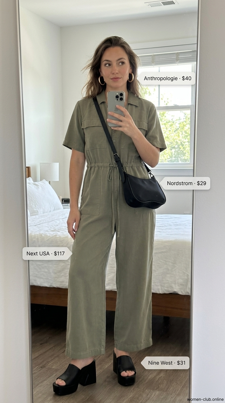 Urban Safari Jumpsuit: Laid Back Casual Summer Outfits 2026 Khaki utility jumpsuit with black crossbody bag, gold hoops, and platform sandals for laid back casual summer outfits 2026.