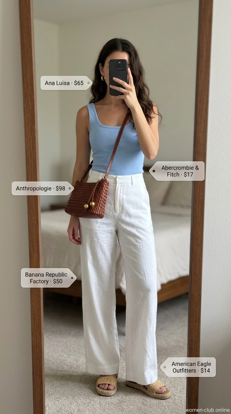 Linen Pants: Laid Back Casual Summer Outfits 2026 White linen pants with sky blue tank, raffia sandals, and woven crossbody for laid back casual summer outfits 2026.