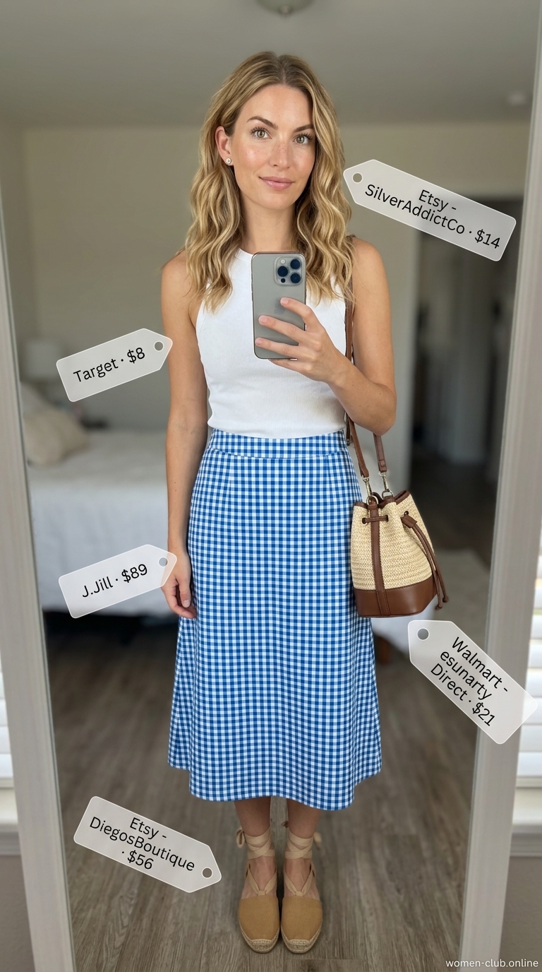 Gingham Skirt: Laid Back Casual Summer Outfits 2026 Blue gingham midi skirt with white tank, tan bucket bag, and espadrilles for laid back casual summer outfits 2026.
