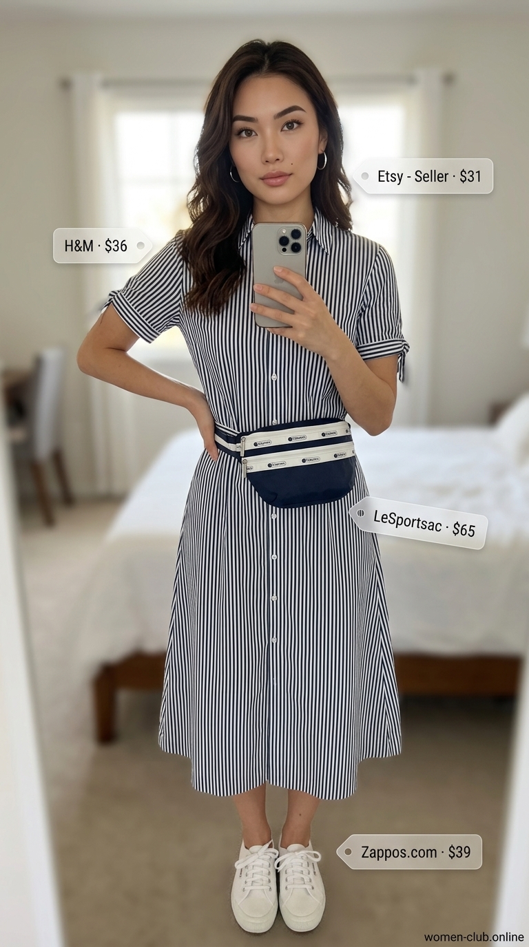 Nautical Mini Dress: Laid Back Casual Summer Outfits 2026 Nautical mini shirtdress with white sneakers, silver hoops, and navy belt bag for laid back casual summer outfits 2026.