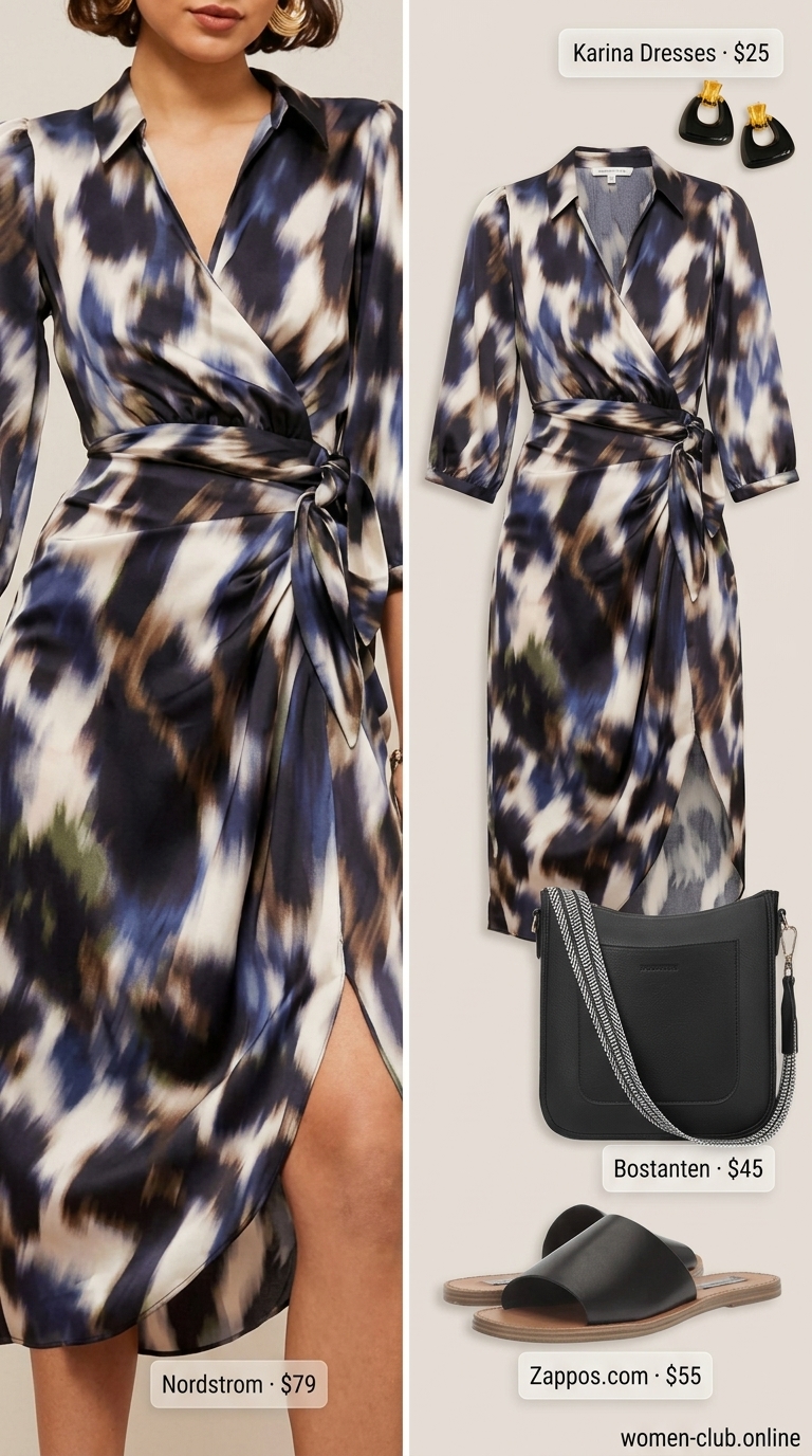 Abstract Dress: Laid Back Casual Summer Outfits 2026 Abstract print wrap dress with black crossbody and slide sandals for laid back casual summer outfits 2026.