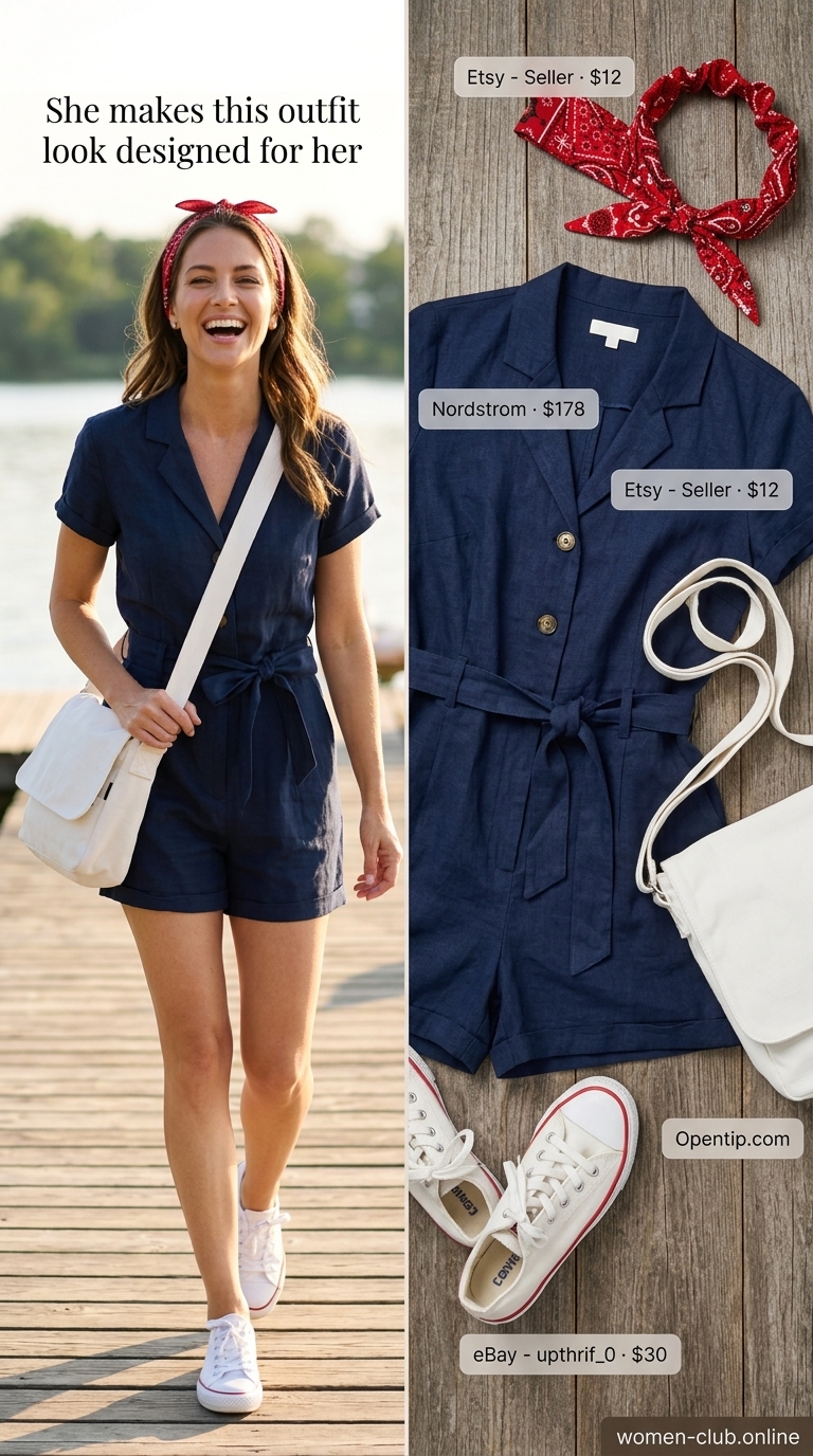 Lakeside Romper: Laid Back Casual Summer Outfits 2026 Playful navy linen romper with red bandana, white crossbody bag, and white sneakers for laid back casual summer outfits 2026.