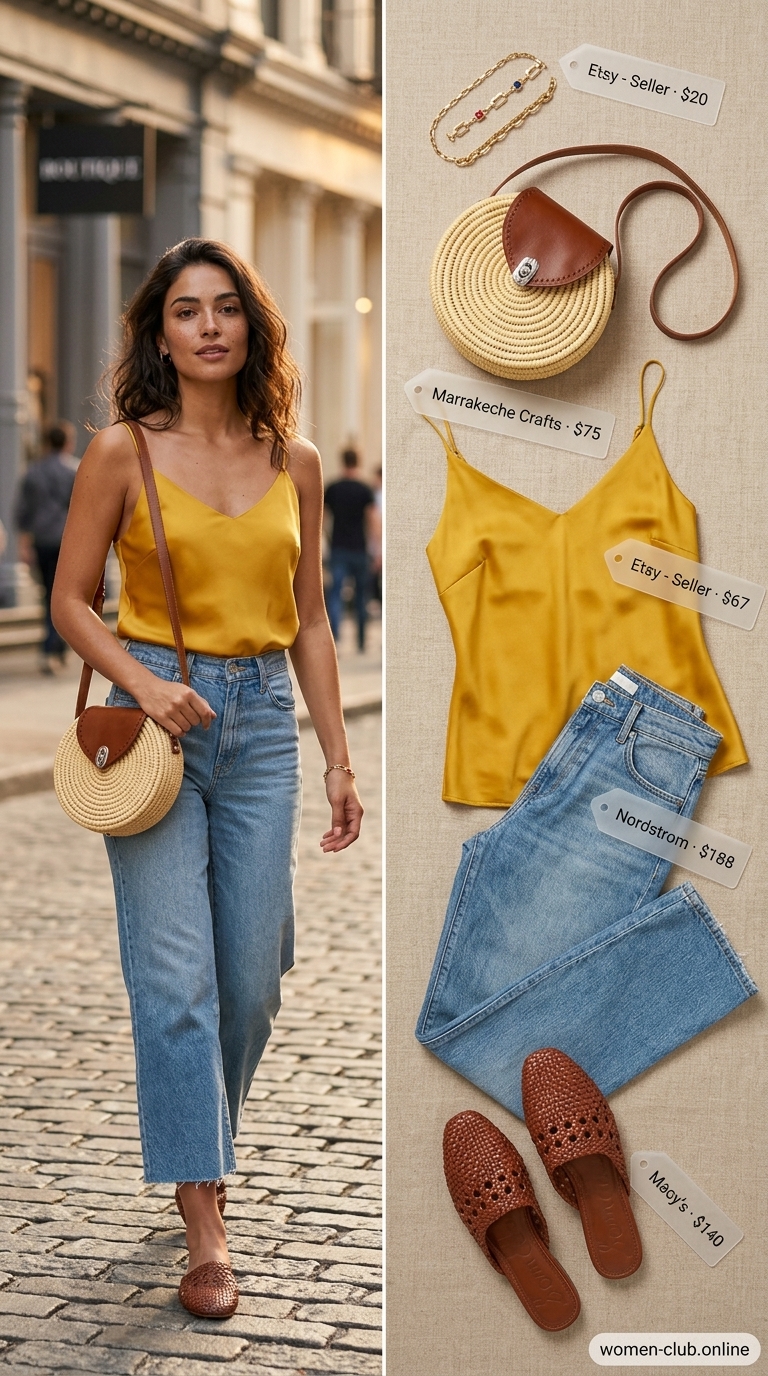 Wide-Leg Jeans: Laid Back Casual Summer Outfits 2026 Wide-leg jeans with mustard camisole, straw bag, and mule sandals for laid back casual summer outfits 2026.