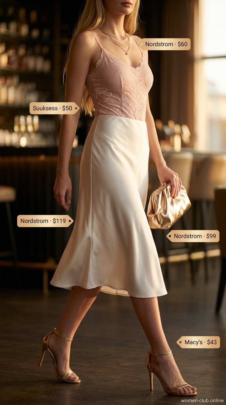 Summer Bodysuit Going Out Outfits for Women 2026 | Romantic Date Night Blush pink lace bodysuit with cream satin skirt for romantic summer going out outfits for women 2026.