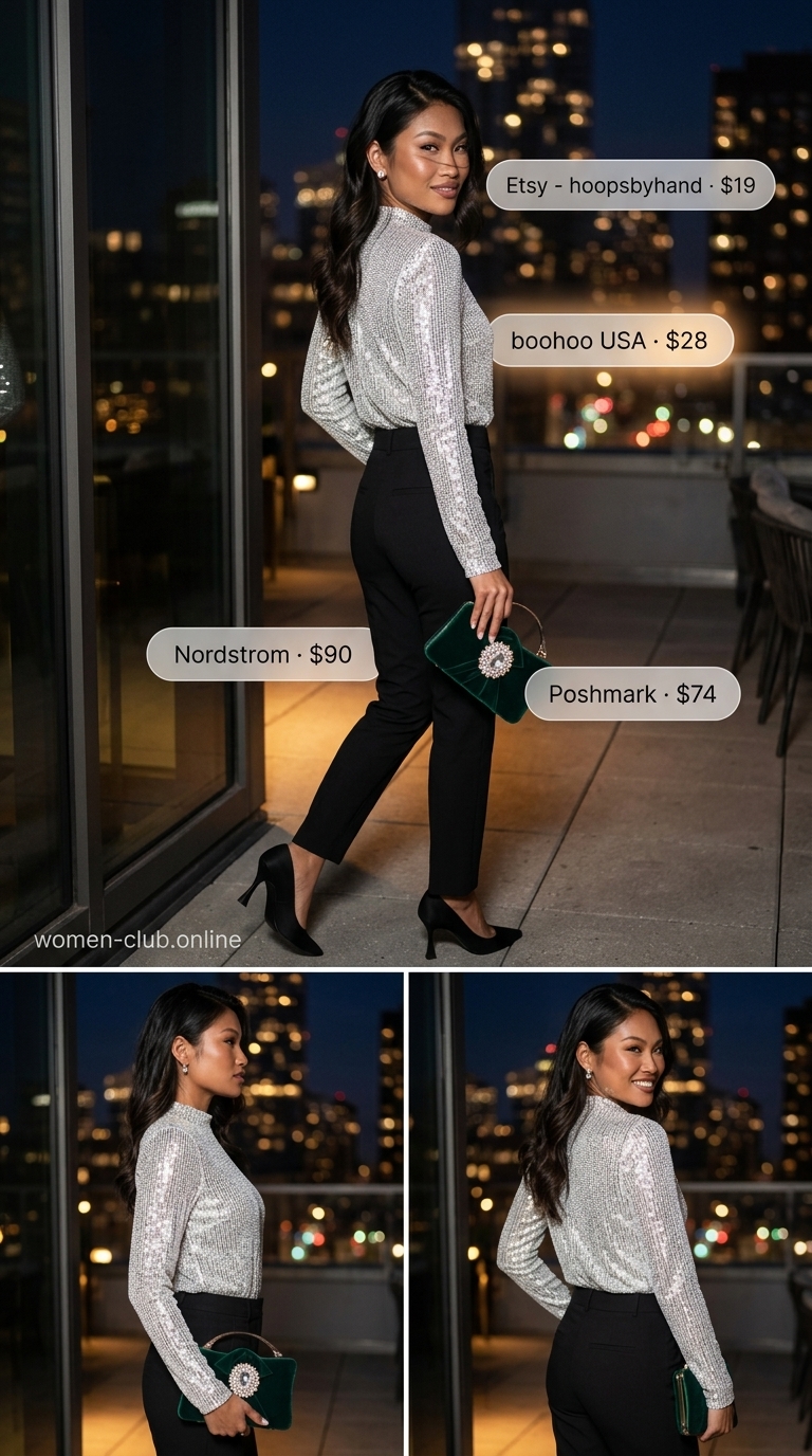 Summer Bodysuit Going Out Outfits for Women 2026 | Glamorous Celebration Silver sequin bodysuit with black pants for summer going out outfits for women 2026. Glamorous celebration look.