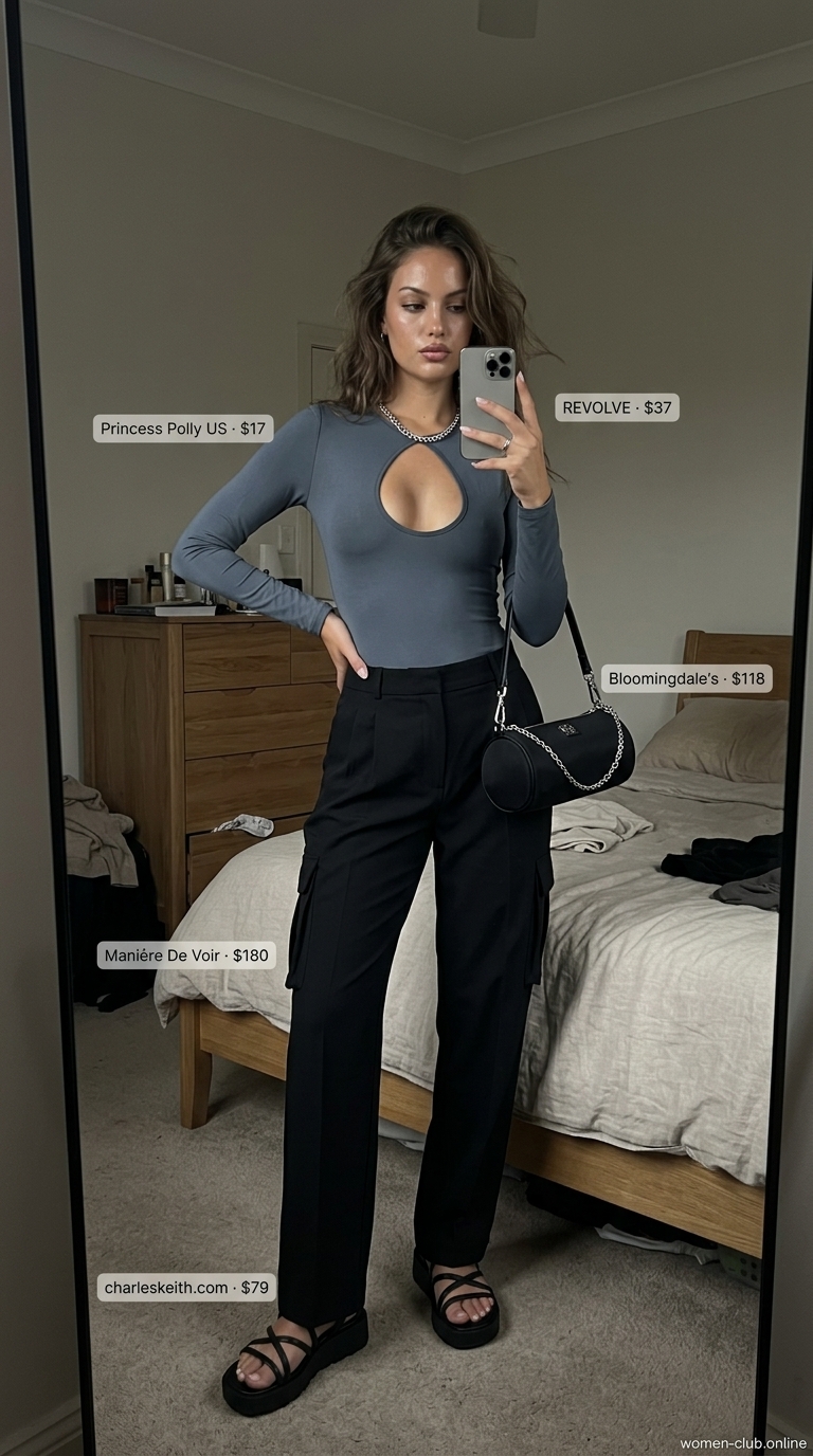Electric Blue Bodysuit Outfits for Women 2026 Trendy electric blue long-sleeve bodysuit with black cargo pants and platform sandals for an urban night out.