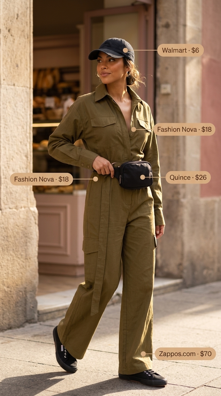 Weekend wanderer olive green jumpsuit for summer brunch with friends 2026. Wide-leg utility style.