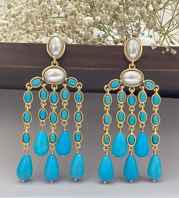 accessory 18K Gold Plated Turquoise Gemstone Pearl Dangle Earrings Etsy - Seller $64