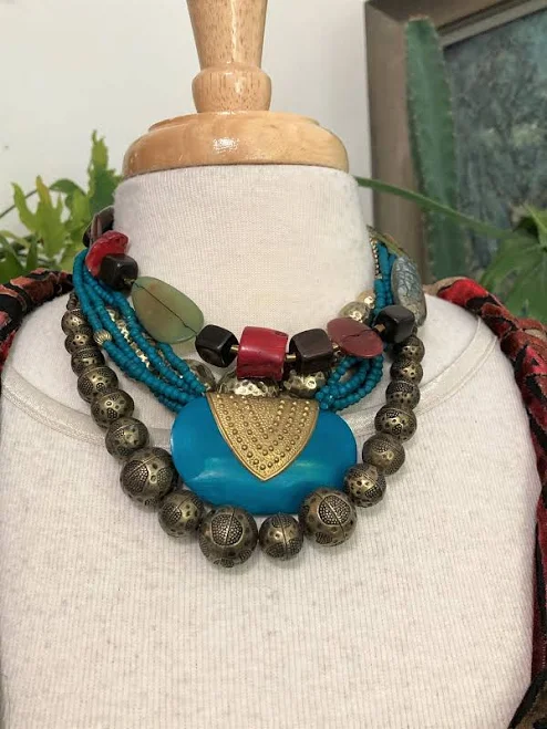 accessory 4/Layered Necklaces/Turquoise and Glod/ Boho Necklace/wood Bead Necklace /Stacked Necklaces/ Neck mess/maximalist jewelry Etsy - BrickCity $119