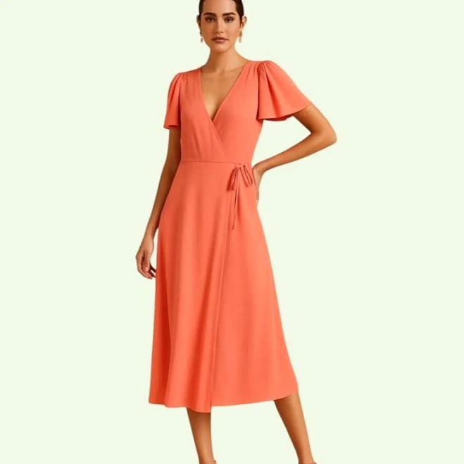dress Abercrombie & Fitch Dresses | Abercrombie & Fitch Coral Orange Wrap Midi Dress Flutter Sleeve Vneck Medium New | Color: Orange | Size: M | Poshmark $30