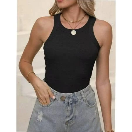 top Afunfens Women's Sleeveless Full Length Fitted Racerback Tank Top Walmart - StylishWear $7.19