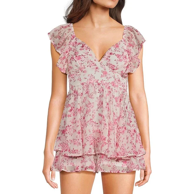 romper Allison Kelly Floral Printed V-Neck Flutter Sleeve Tiered Romper Dillard's $69