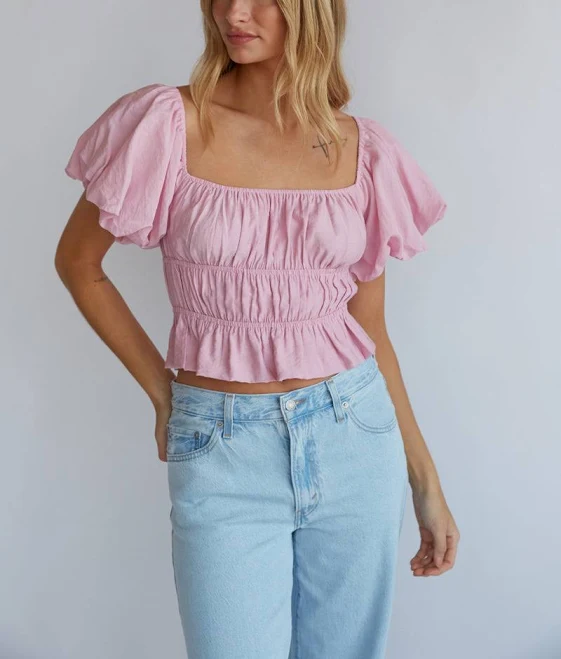 top American Threads Women's Puff Sleeve Ruffle Crop Top American Threads $19.98
