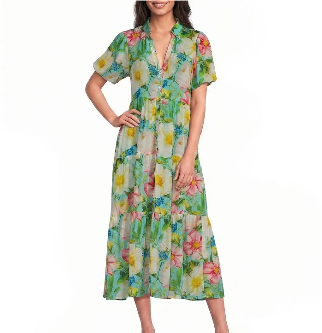 dress APNY Woven Floral Print V-Neck Short Sleeve Midi Shirt Dress, Womens, S, Green/Pink Multi Dillard's $138