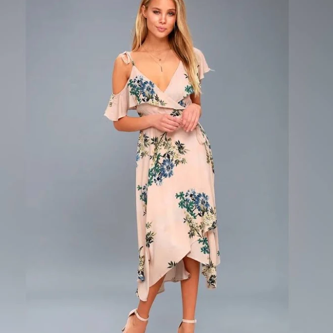 dress Astr Dresses | Astr The Label Blush Pink Floral Print Midi Wrap Dress | Color: Blue/Green/Pink | Size: S | Pm-02040669's Closet Poshmark $80