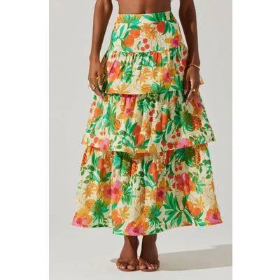 maxi skirt Astr Rooni Tiered Maxi Skirt In Orange Green Print multi Medium Stylight Inc. $99
