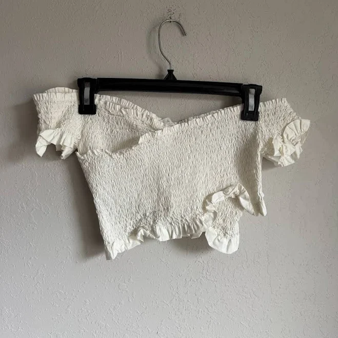 crop top Astr The Label Tops | Astr The Label White Off The Shoulder Smocked Crop Top Ruffle Trim Womens S | Color: White | Size: S | Gracieruckman's Closet Poshmark $28