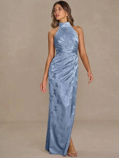 dress Azazie Floor-Length Maxi Dresses Column Wedding Guest Formal Dresses Halter Powder Blue Azazie.com $139