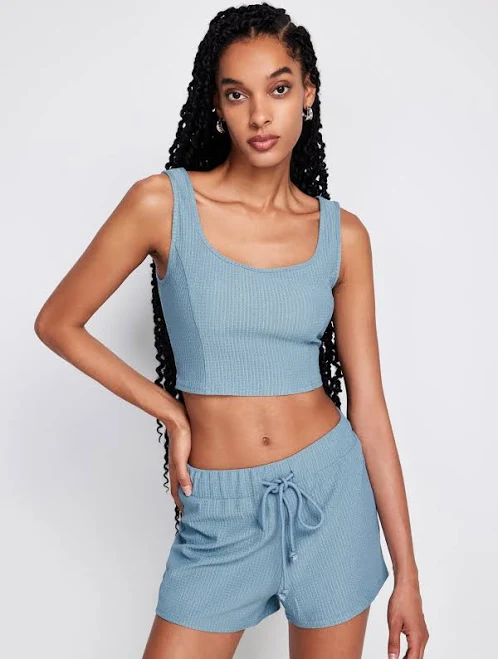 matching set Baby CIDER Women's Knit Tank Top & Shorts Set Cropped Knotted Wide Leg Lightweight Casual Ensemble Cider $5.97