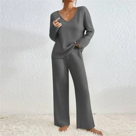 matching set Baituer 2 Piece Sweater Sets For Women V Neck Long Sleeve Knit Sweater Wide Leg Pants Sweatsuit Fall Lounge Wear Dark Gray M, Women's, Size: Medium Walmart - baituer $14.99