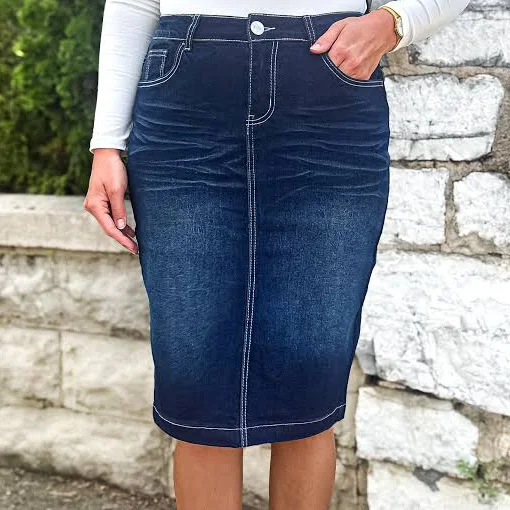 skirt Be-Girl Modest Knee Length Stretch Denim Skirt The Modest Style Boutique $39.99