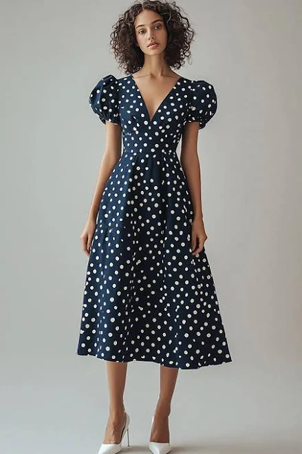 dress Berylove Women's V-Neck A-Line Puff Sleeve Polka Dot Midi Dress BeryLove $117