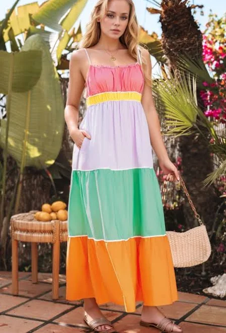 dress Blue Zone Planet Flowy Tiered Maxi Dress with Pockets bluezoneplanet.com $61