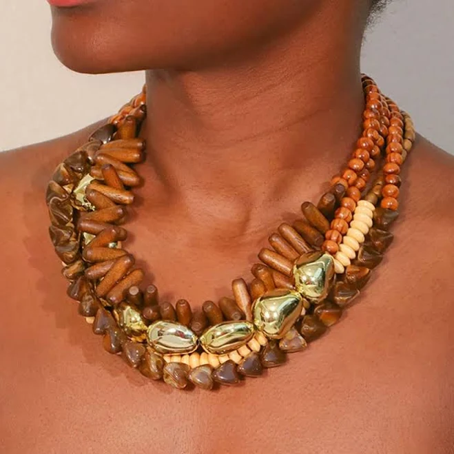 accessory Boho Statement Multi-Layer Wooden Bead Necklace Dua Menka $54.99
