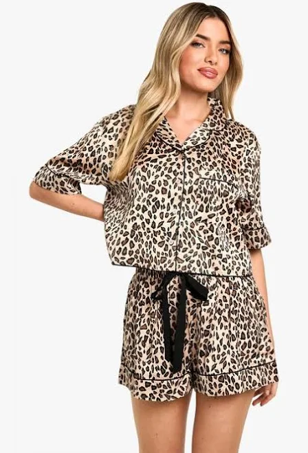 matching set Boohoo Leopard Print Satin Shirt & Shorts Pyjama Set Lyst $32