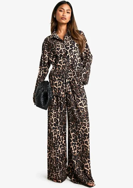 matching set Boohoo Women's Relaxed Woven Leopard Shirt & Drawstring Wide Leg Trouser Co- boohoo USA $39.2