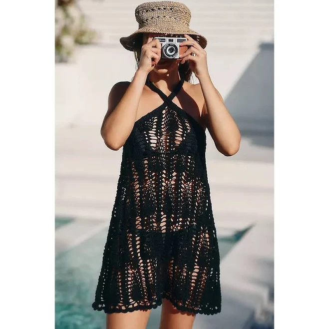 cover up By Anthropologie Black Crochet Halter Neck Coverup Mini Dress Size eBay $45