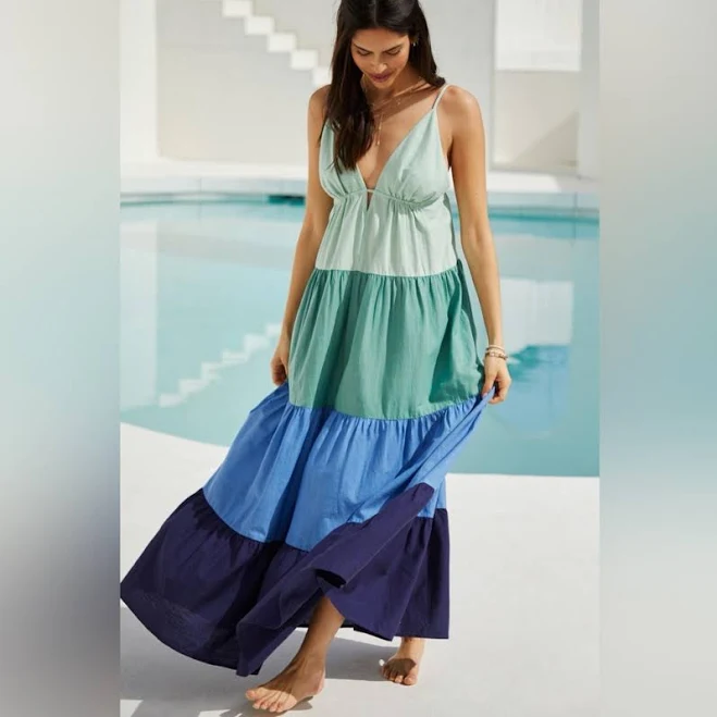 dress By Anthropologie Dresses | Colorblock Tiered Maxi Dress In Mint, Teal, Sky Blue & Navy S | Color: Blue/Green | Size: S | Pm-31962266's Closet Poshmark $44