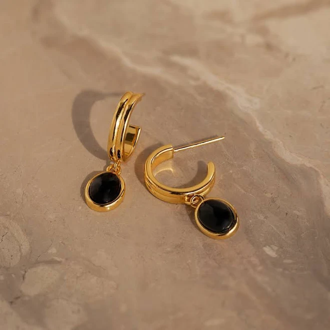 accessory Caitlyn Minimalist 18K Gold Black Gemstone Drop Hoop Earrings Caitlyn Minimalist $41