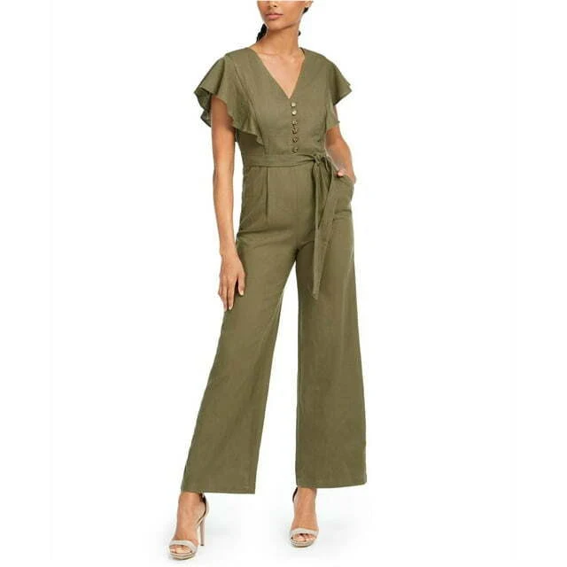 jumpsuit Calvin Klein Sz 2 Olive Green Belted Jumpsuit Ct0f1199 Wide Leg Linen eBay - rarefarefinds $39.95