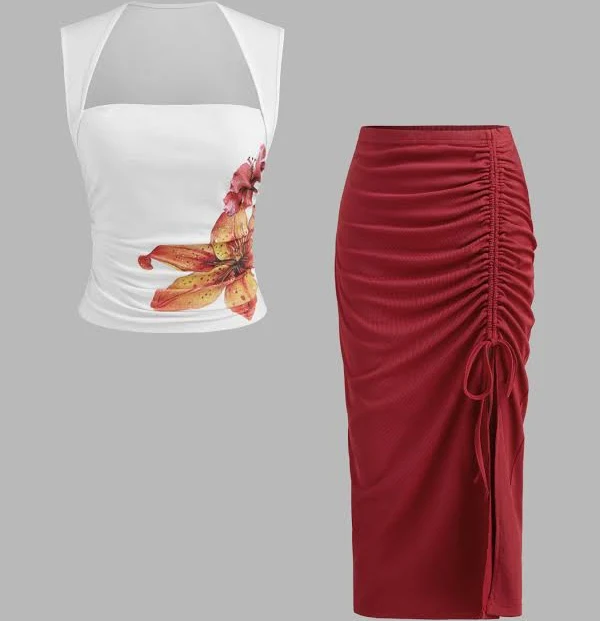 matching set CIDER Women's Knit Cotton-Blend Tank Top & Midi Skirt Set Square Neck Floral Ruched Mid-Rise Drawstring Cider $42.9