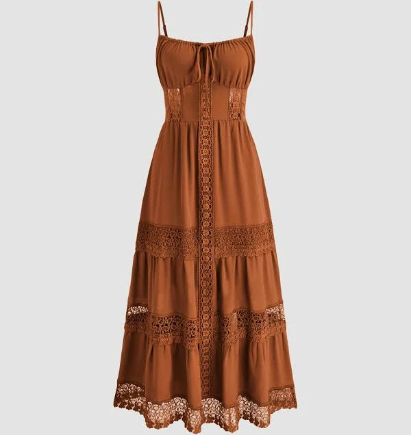 dress CIDER Women's Maxi Dress Woven Lace Trim Tiered Cami Resort Vacation Cider $54.9